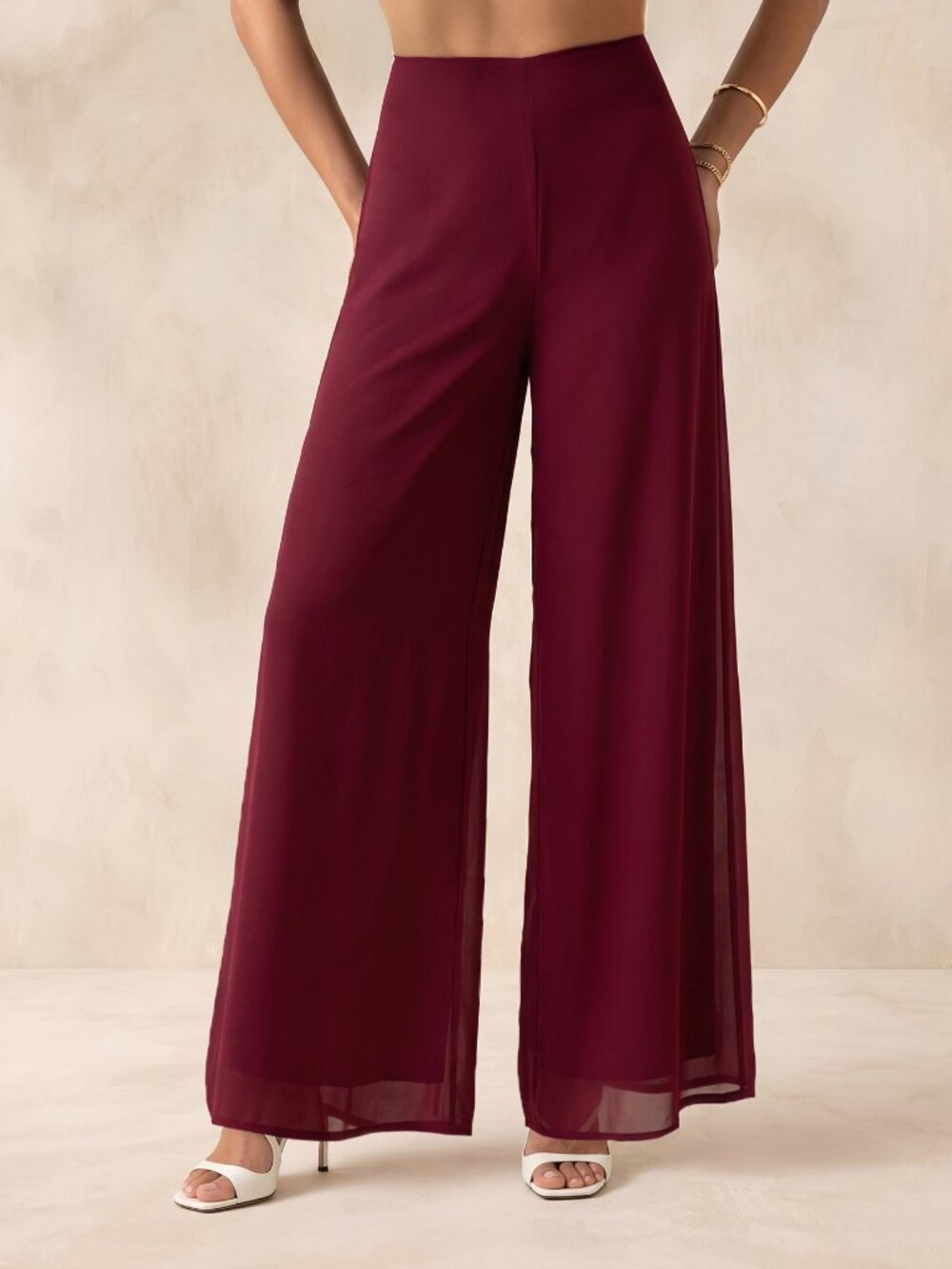 Burgundy Casual Women's Regular Fit High Waist Wide Leg Palazzo Trousers